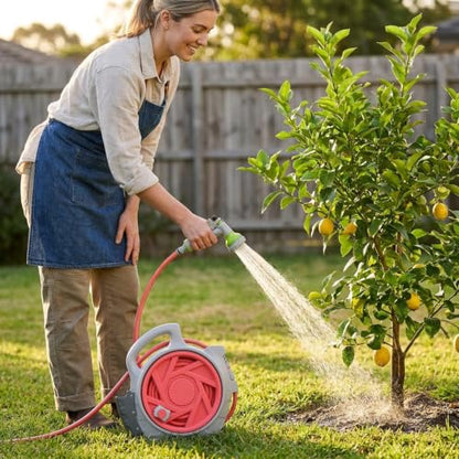 mini portable garden pipe cart, adjustable spray gun with 6 different gears, suitable for various faucets, portable water pipe truck can be used for car washing, watering plants (Pink)
