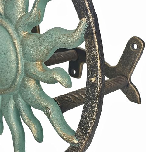 Zeckos Garden Hose Holder Sun 11.5 Inch Cast Iron Verdigris Bronze - color: Sun - Green