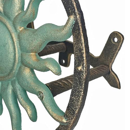 Zeckos Garden Hose Holder Sun 11.5 Inch Cast Iron Verdigris Bronze - color: Sun - Green