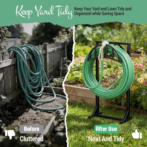 YQSLYSF Garden Hose Reel Holder, Water Hose Stand with 4 Stake and 2 Tool Hooks, Heavy-Duty Metal Hose Storage Holds 150Ft, Freestanding Hose Hanger Rack for Outside, Yard, Lawn, Farm（White） - color: Textured Black