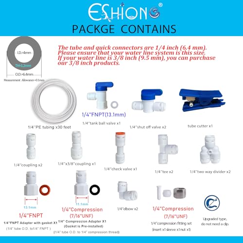 ESHIONG NSF Certified 1/4" O.D. Push to Connect Fittings for RO (Reverse Osmosis) Water Filter（ Fridge Installation Kits）20 pcs+30 feet 1/4" Water tubing. - style: 1/4" Fridge Installation Kit