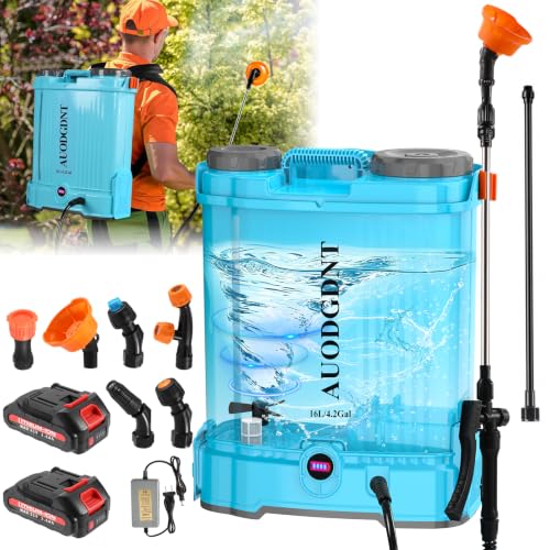 Battery Powered Backpack Sprayer 4.2 Gallon with Auto-Mixing System, Dual Battery System, Compatible with Makita 21V Battery, 2 Interchangeable Spray Wands (Stainless Steel & Fiberglass) for Garden