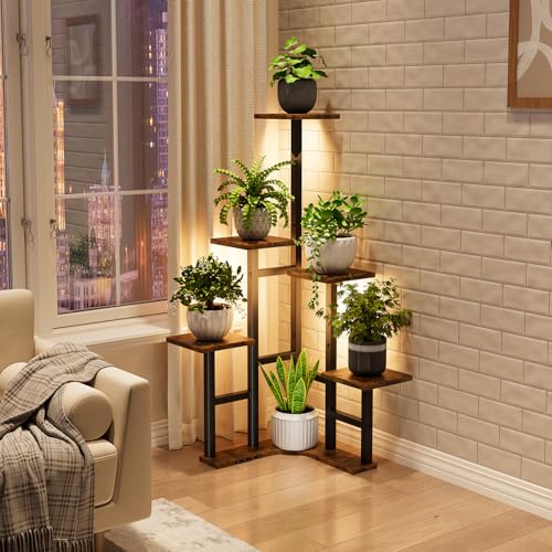 Corner Plant Stand Indoor with Grow Lights 6 Tiered Corner Plant Shelf - color: Rustic Brown(with Lights), size: 6 Tier-Square