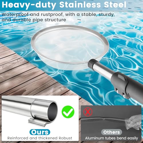 Pool Cleaning Net with Pole, 45-85" Adjustable Stainless Steel Pool Skimmer Net with Fine Mesh & Hook Pool Leaf Skimmer for Removing Leaves, Bugs & Debris
