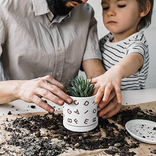 D'vine Dev Set of 2 Ceramic Planter Pots with Drainage Hole and Saucer, 4.5 Inch Plant Pots for Plants Indoor Houseplants, White, 99-Z-G-1-V - size: 4", style: Letters White