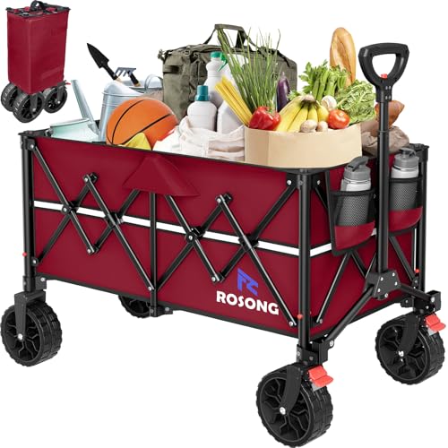 ROSONG Collapsible Wagon Cart with Wheels Foldable - Folding Utility Heavy Duty Wagons Carts for Grocery Sports Garden Shopping Camping Wheelbarrows (Burgundy, 150L) - color: Burgundy, size: 150L