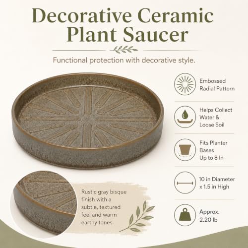 10 Inch Ceramic Plant Saucer with Embossed Radial Pattern, Rustic Gray
