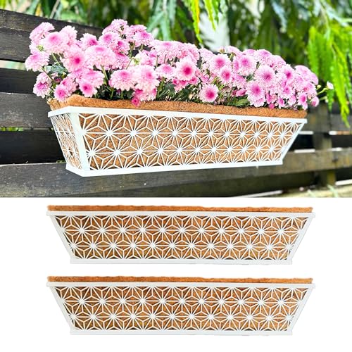 LaLaGreen Window Boxes Planter (2 Pack, 24 Inch) White Metal Rectangular Wall Planters with Coco Liner, Horse Trough Deck Railing for Outdoor Plants Holder, Modern Rail, Balcony, Fence, Porch Patio - size: 24" (61cm) x 2 pack