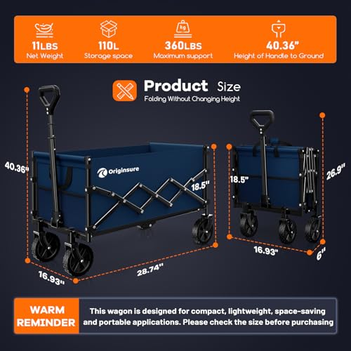 Originsure 110L Portable Collapsible Wagon Cart, 360lbs Heavy Duty, Blue - color: Navy Blue