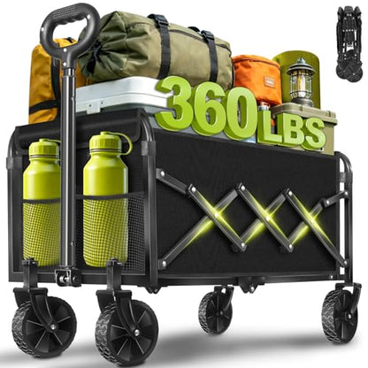 Wagons Carts Foldable, Collapsible Wagon with Wheels, Folding Wagons carts for Camp Sports Garden, Portable Utility Outdoor Wagon with 360lbs, Garden Cart for Groceries, Two Cup Holder, Black