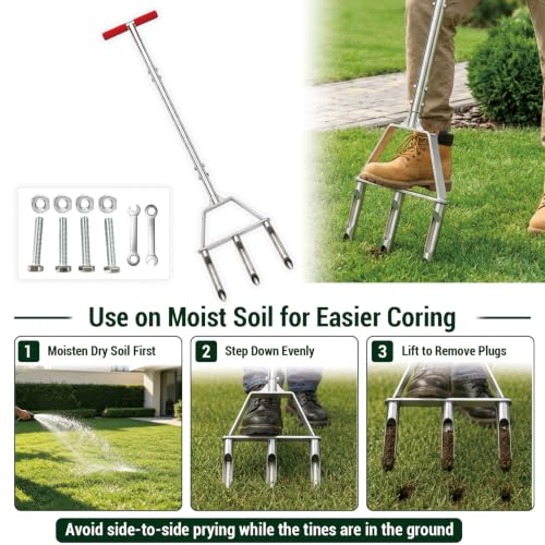 PPZ Manual Core Aerator Lawn Tool with 3 Hollow Tines for Compacted Soil