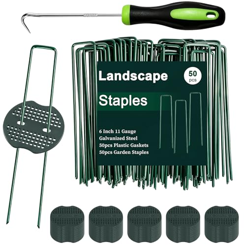 FEED GARDEN 6 Inch 50 Pcs Galvanized Landscape Staples 50 Pcs Gaskets Pick Hook Garden Stakes 11 Gauge Anti-Rust Landscaping Fabric SOD Pins U Shaped Yard Turf Stakes for Weed Barrier Fabric Green - color: Green