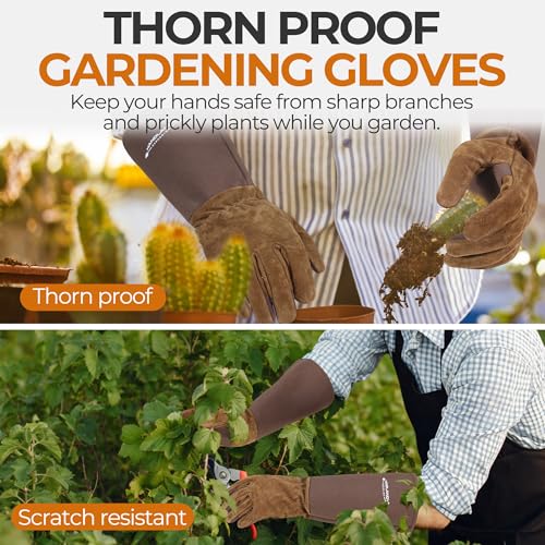 HANDLANDY Long Gardening Gloves for Men & Women, Cowhide Leather Rose Pruning Gloves- Breathable & Durable Gauntlet Glove (Medium, Brown) - color: Brown, size: Medium (Pack of 1)