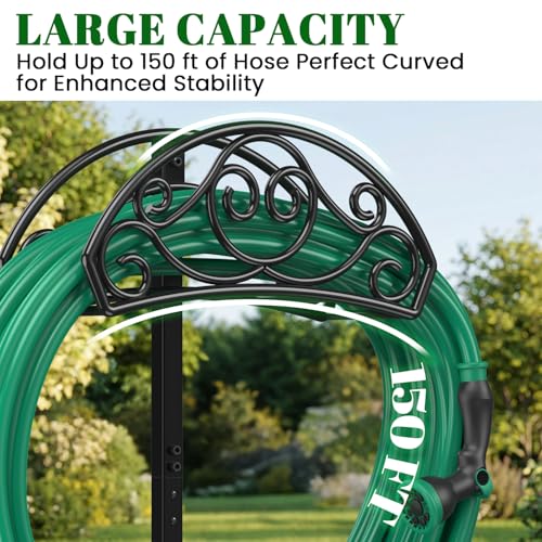 Sunvigor Garden Hose Holder, Heavy Duty Metal Hose Stand with 4 Spikes, Holds Up to 150FT Hose, No Drill Freestanding Hose Reel Alternative for Yard Lawn Outdoor