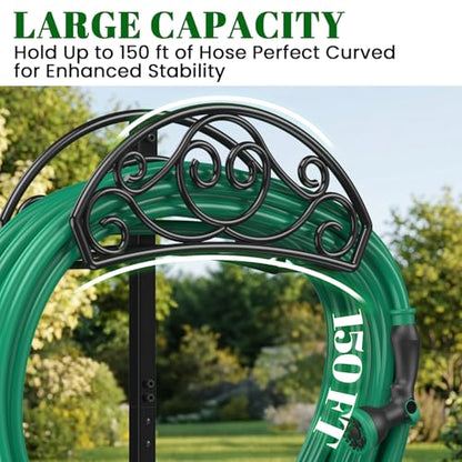 Sunvigor Garden Hose Holder, Heavy Duty Metal Hose Stand with 4 Spikes, Holds Up to 150FT Hose, No Drill Freestanding Hose Reel Alternative for Yard Lawn Outdoor