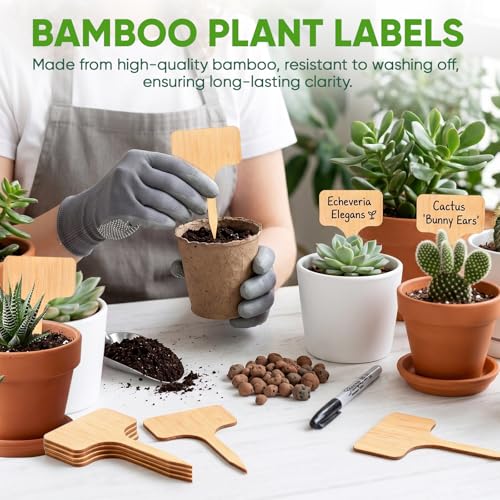 Plant Labels, 60-Pack Bamboo Garden Markers with Dual-Tip Marker