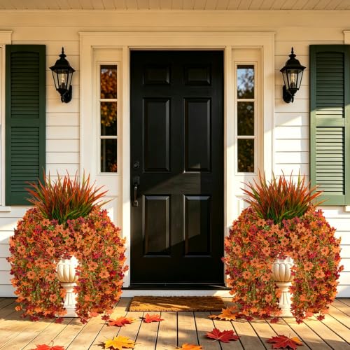 7PCS Artificial Fall Hanging Flowers for Outdoor, Six-Petaled Faux Mums - color: Orange Red