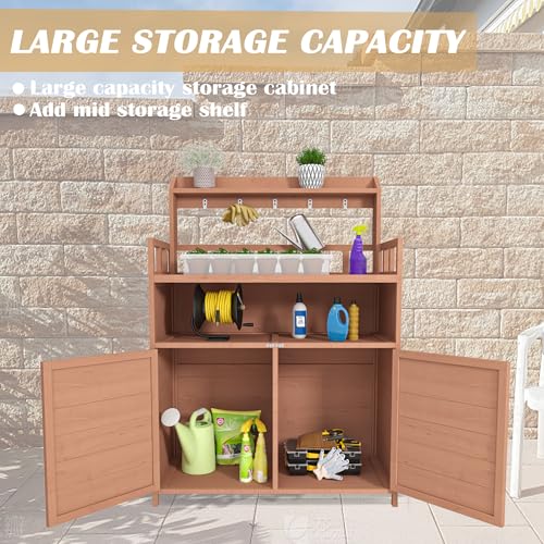 Potting Bench, Wood Garden Workstation, Brown Storage Cabinet