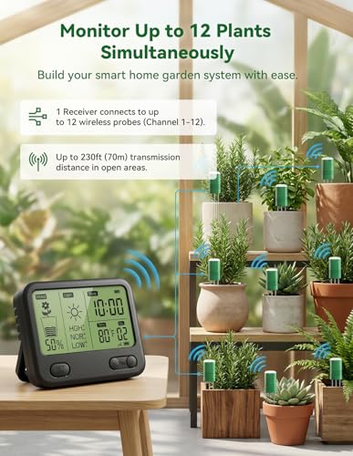 Nexuslab Wireless Soil Moisture Meter with LCD Receiver – 3‑Probe 3‑in‑1 Sensor (Moisture, Temperature, Light), 230 ft RF Range, Waterproof, Long Battery Life for Indoor/Outdoor Plants and Gardens - size: Main Unit + 4 Sensors