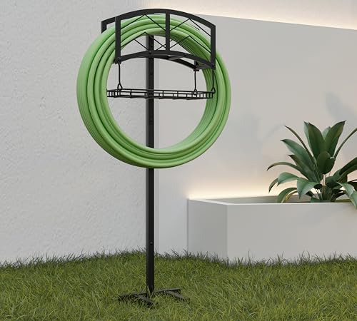 Kingson Portable Garden Hose Holder with Storage Basket - Heavy-Duty Black Steel Construction, Holds 150FT Hose, Freestanding & Detachable Design with Tools for Easy Assembly