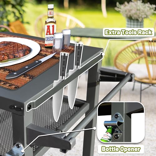 Domi 3-Shelf Outdoor Grill Table, Grill Cart Outdoor with Wheels, Pizza Oven and Food Prep Table, Blackstone with Propane Tank Hook, BBQ Stand for Blackstone Griddle for Outside BBQ - style: Galvanized Steel Tabletop+Mesh Shelf