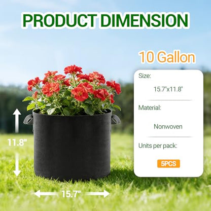 5-Pack 10 Gallon Grow Bags, Thickened Aeration Fabric Pots - size: 10