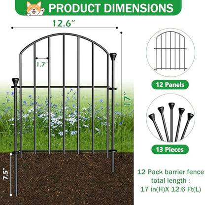 No Dig Garden Fence Panels, Dog Fence Outdoor for Yard, 12 Pack - size: 17in(H) x 12.6ft(L)