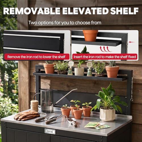 Feasto Outdoor Potting Bench Table with Storage Cabinet, Black - color: Black
