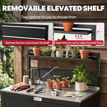 Feasto Outdoor Potting Bench Table with Storage Cabinet, Black - color: Black