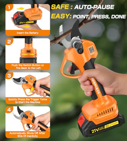 Electric Pruning Shears, Cordless Pruning Shears 1000W Brushless Power Shears 1.4'' Diameter Electric Pruner with LCD Display 2 * 2Ah Battery Pruning Shear Gift for Men Dad Husband Fathers Gardener