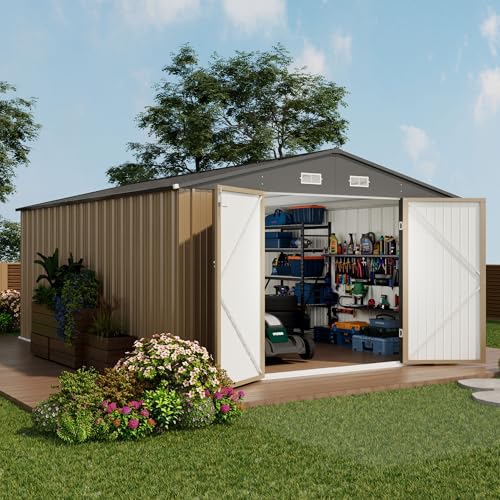 Devoko 10x14 FT Outdoor Storage Shed, Brown - color: Brown, size: 10x14 FT