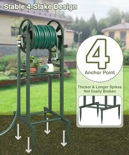 Freestanding Garden Hose Reel holds 125ft Hose of 5/8" with 4 Hooks, 4-Spike Outdoor Hose Holder with 3.9ft Leader Hose & Brass Fitting, Detachable Metal Hose Stand with Storage Rack, Green - color: Green