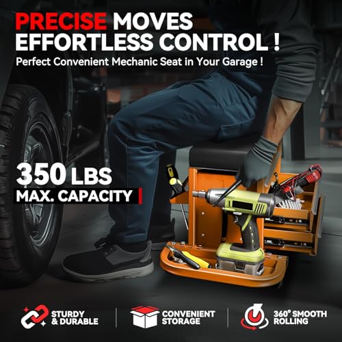 Auto Dynasty Mechanic Rolling Seat, 3-Drawer w/Tool Tray, 350LBS, Orange - color: Orange