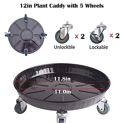ARTLINE Round Plant Stand with Lockable Wheels, Heavy Duty for Indoor Outdoor, Large Rolling Dolly Planter Caddy on Casters to Carry Potted Flower Pot, Round Metal Tray NO Holes, Black - color: Black 2 Pack, size: 12"