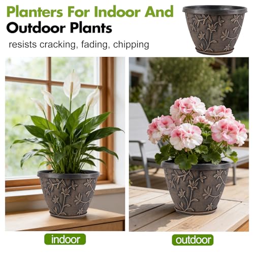 Nooulap 10 Inch Flower Pots Outdoor, Plastic Planters 4 Pack - color: Retro Brown, size: 10 inch