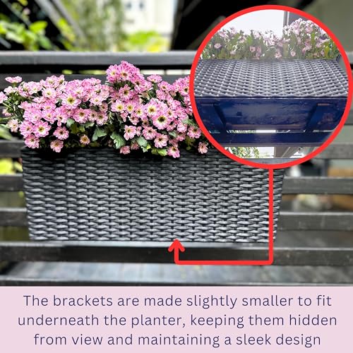 LaLaGreen Outdoor Rail Planter for Balcony (20 Inch, 2 Pack) Large Black Self Watering Deck Railings Planters with Brackets, Rectangular Plastic Fence Flower Box Designer Choice with Rattan Pattern - color: Black X 2