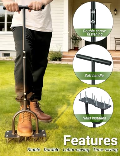 Aerator Lawn Tool for Garden Yard, Manual Yard Aerator with Heavy Duty 2" Pre-Installed Spikes, Dual-Screw Reinforced Handle for Stability, Grass Plug Aerator for Lawn Care Garden, Revives Lawn Health