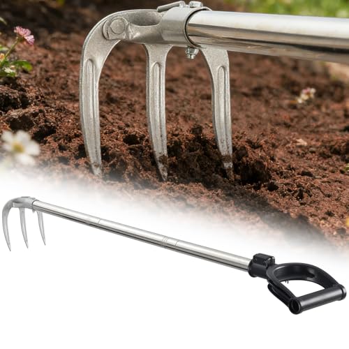 78" Long Handle Garden Rake, No Bend Standing Weeding Tool, Heavy Duty 3-Tine Cultivator with Carbon Steel Head, Hand Tiller for Digging, Loosening Soil & Planting