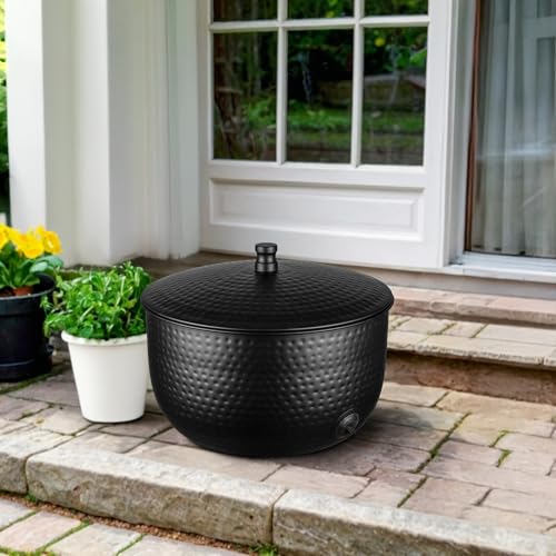 Monarch Abode Garden Hose Holder with Lid – Decorative Water Hose Holders for Outside, Hand Hammered Metal Matte Black Pot with Drainage, 100ft Waterhose Holder for Outside, Garden Storage Caddy - color: Matte Black