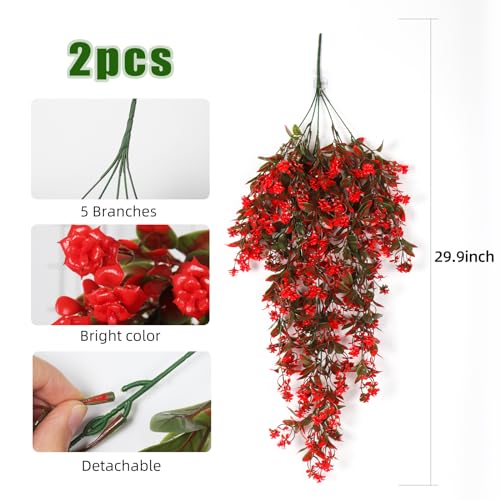 RECUTMS Artificial Fake Hanging Flowers Plants for Outdoors Decor 2Pcs - color: Red-rose