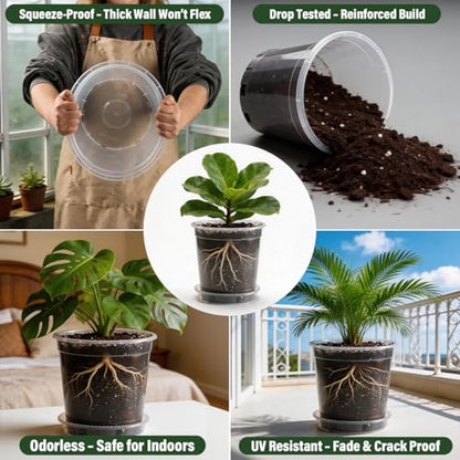BTPLASTIK 0.5/1/2.5/3.5 Gallon Clear Nursery Pots with Saucers 4 Size Set 12P, Round Plastic Plant Pots with Drainage Holes - size: 0.5/1/2.5/3.5 Gallon + Saucers 12P