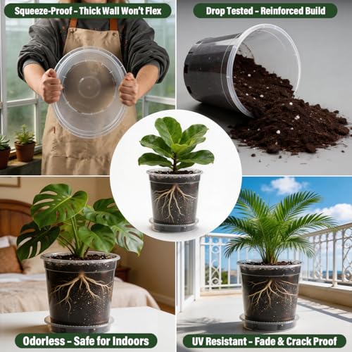 BTPLASTIK 1 Gallon Clear Nursery Pots with Saucers 5P, 7.5 Inch Round Plastic Plant Pots with Drainage Holes - size: 1 Gallon + Saucers 5P