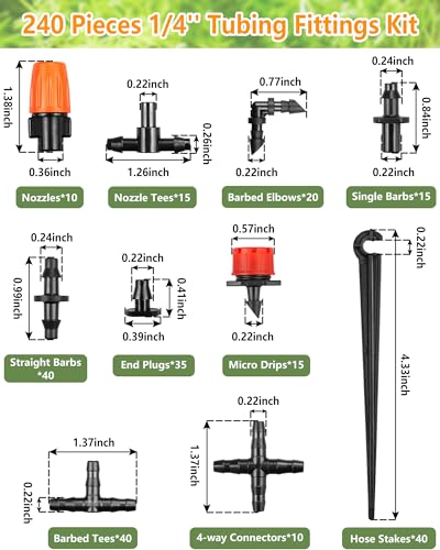 Drip Irrigation Fittings Kit for 1/4 Inch Tubing, 240 Pcs 1/4" Drip Line Barbed Connectors for Drip Systems - Nozzles,Micro Drips,Single Barbs,Tees,Couplings,Cross,End Plugs,Elbows,Hose Stakes - size: 4/7mm Drip Fittings Set-240P