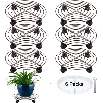6 Packs Large Metal Plant Caddy with Wheels 12" Rolling Plant Stands Heavy-duty Wrought Iron Plant Roller Base Pot Movers Plant Saucer on Wheels Bronze - color: Bronze, size: 12 inches