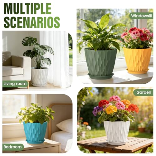 8 Inch Plant Pots 4 Pack Plastic Planters with Drainage & Saucers - color: Multicolor