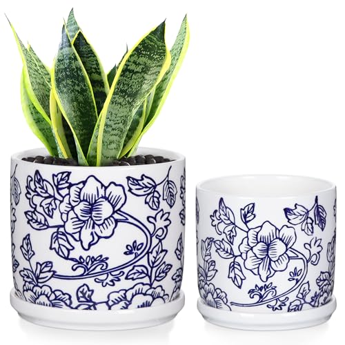 Set of 2 Blue and White Ceramic Plant Pots with Drainage Hole and Saucers, Retro Blue Porcelain Flowers Round Planters for Succulent Cactus Indoor Outdoor Garden Home Desktop Decor, 4.5+5.5 Inch - color: Style 3