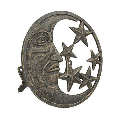 Zeckos Garden Hose Holder Moon Face Stars 12 Inch Cast Iron Bronze - color: Moon & Stars - Bronze
