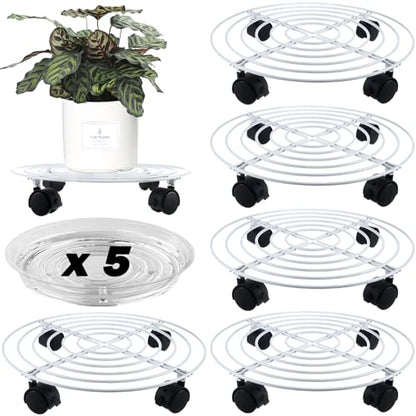 5 Packs Metal Plant Caddy with Locking Wheels 11.8 Inches Heavy-duty Wrought Iron Rolling Plant Stands with Casters Plant Dolly Plant Roller Base for Indoor and Outdoor Plant Pot Movers Saucers White - color: White