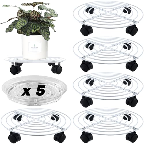 5 Packs Metal Plant Caddy with Locking Wheels 11.8 Inches Heavy-duty Wrought Iron Rolling Plant Stands with Casters Plant Dolly Plant Roller Base for Indoor and Outdoor Plant Pot Movers Saucers White - color: White