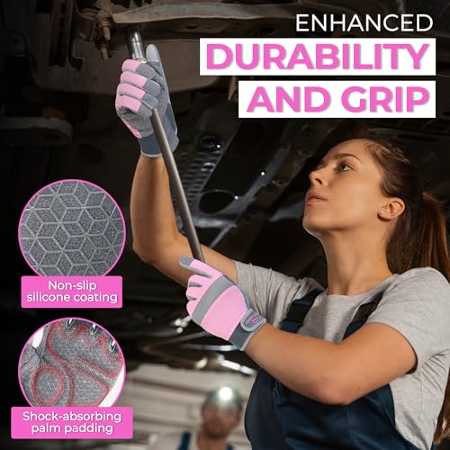HANDLANDY Work Gloves for Women, Breathable Leather Gardening Glove for Yard Maintenance, Hand Protection with Touch Screen - color: Grey Pink, size: Small (Pack of 1)